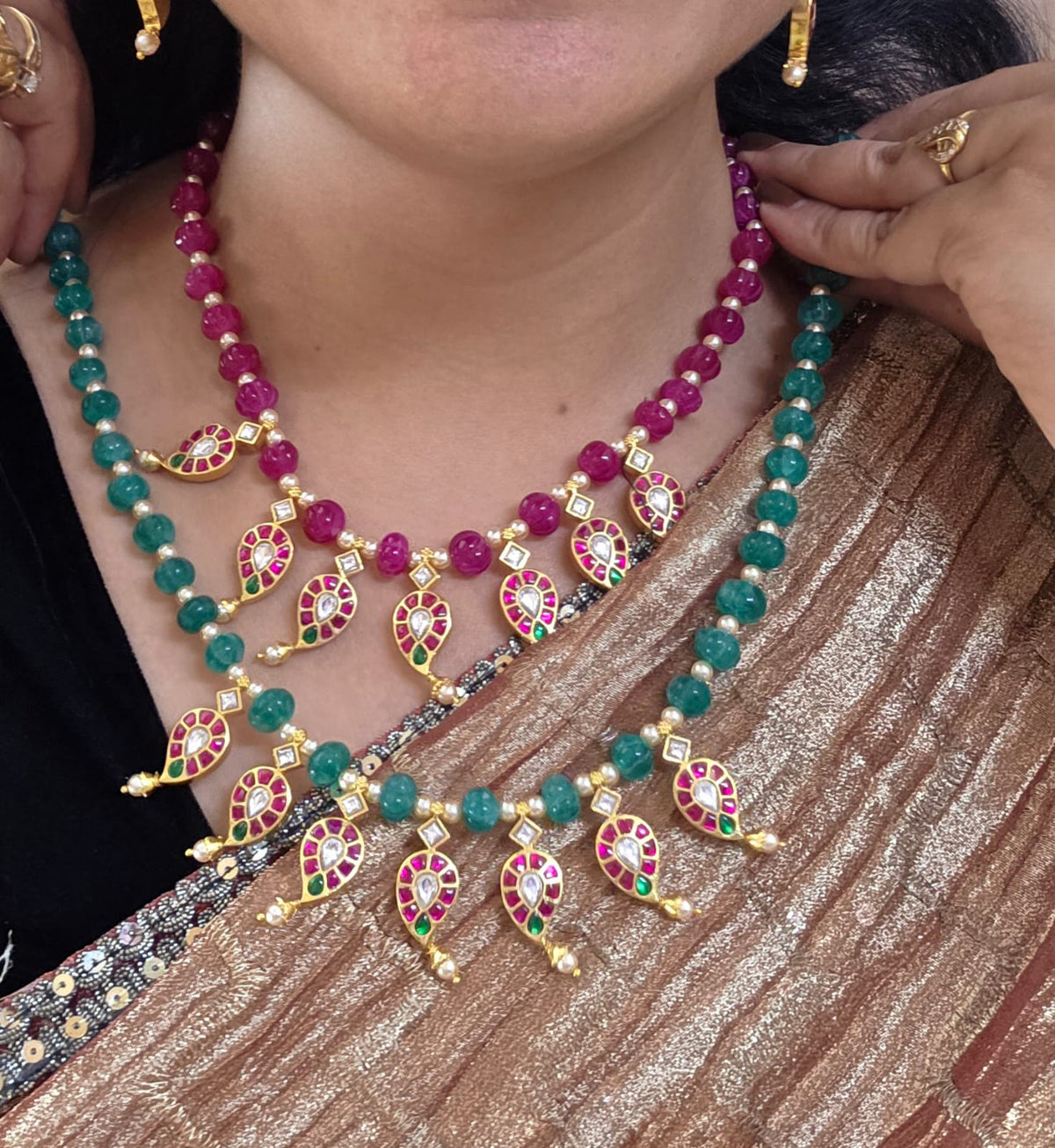 Jadau kundan original pumpkin glass beads neckset