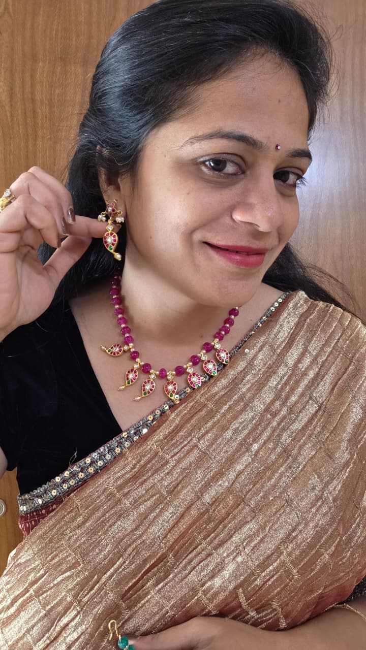 Jadau kundan original pumpkin glass beads neckset
