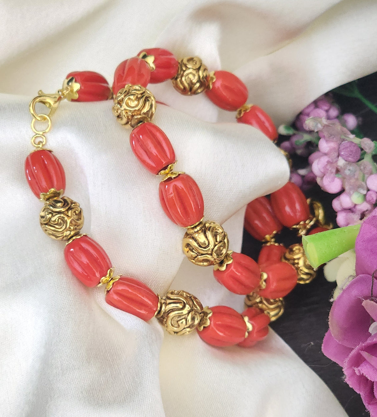 Antique coral , swaroski pearl handmade bracelet