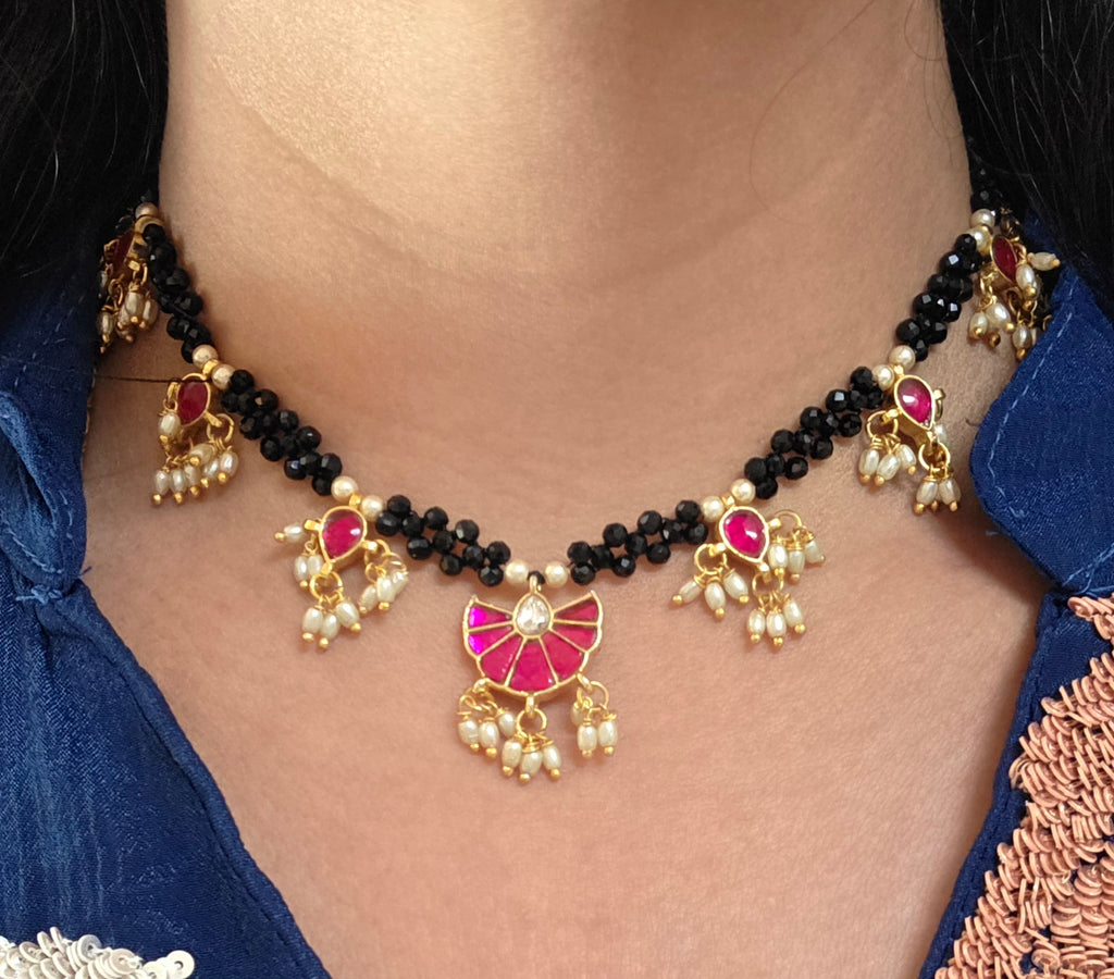 Traditional Jadau Kundan Black Beads Necklace set with earrings