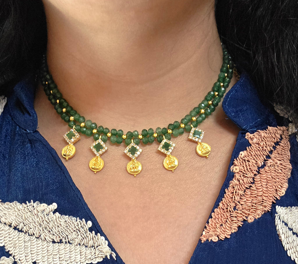 Traditional Lakshmi Kasu Green Necklace Set | Ethnic Kasu Mala Jewellery