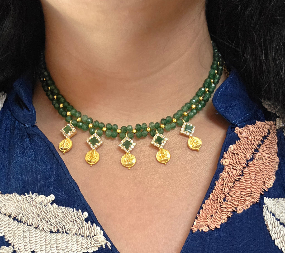 Traditional Lakshmi Kasu Green Necklace Set | Ethnic Kasu Mala Jewellery