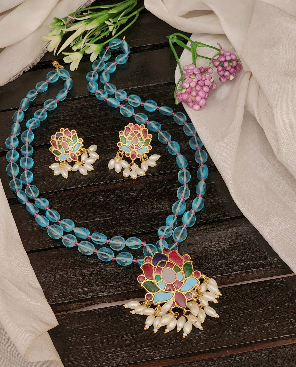 Jadau navaratan pendant beads maala
