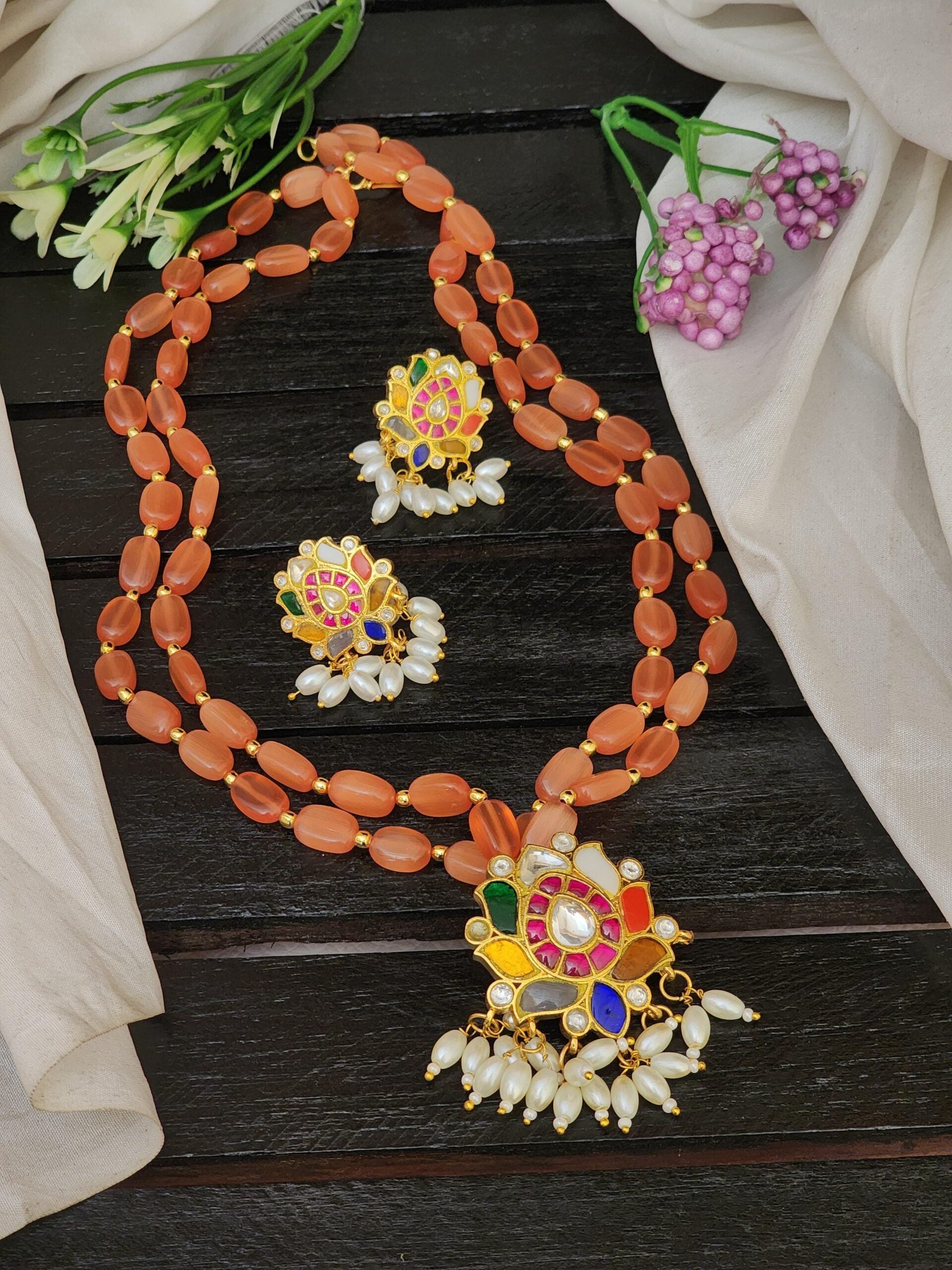 Jadau navaratan pendant beads maala
