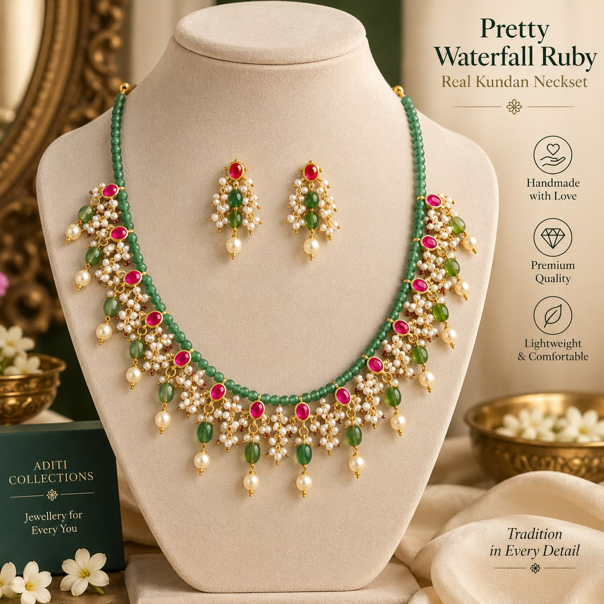 Pretty waterfall ruby real kundan neckset