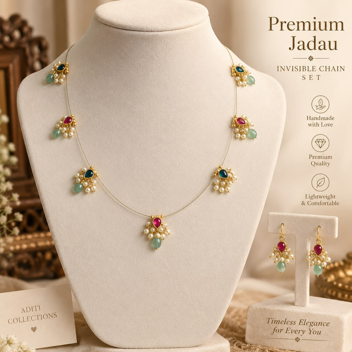 Premium jadau invisble chain with earrings
