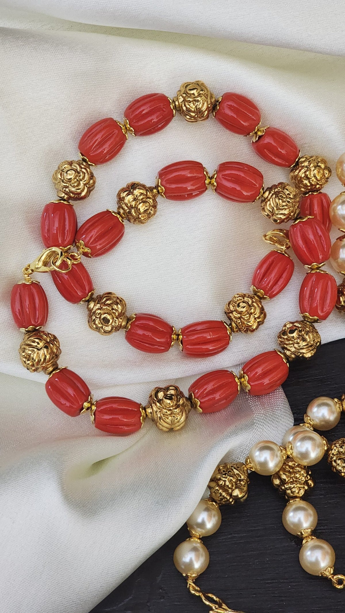 Antique coral , swaroski pearl handmade bracelet